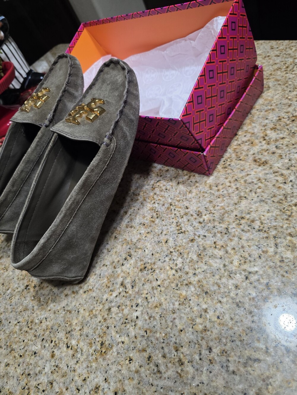 Tory Burch Taupe/Olive Suede Logo Moccasin Loafers - Picture 11 of 11